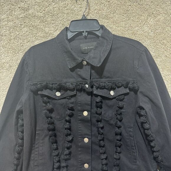 Free The Roses Denim Jean Jacket Black Pom Pom Women's Large Button Up - Picture 6 of 12